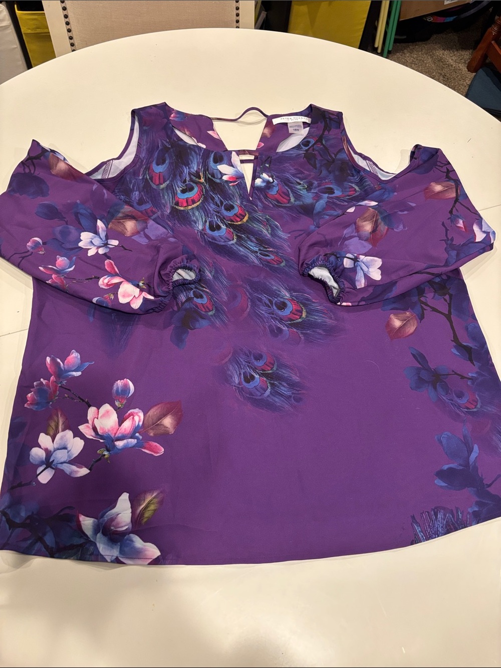Peter Nygard Purple Peacock & Floral Cold-Shoulder Blouse